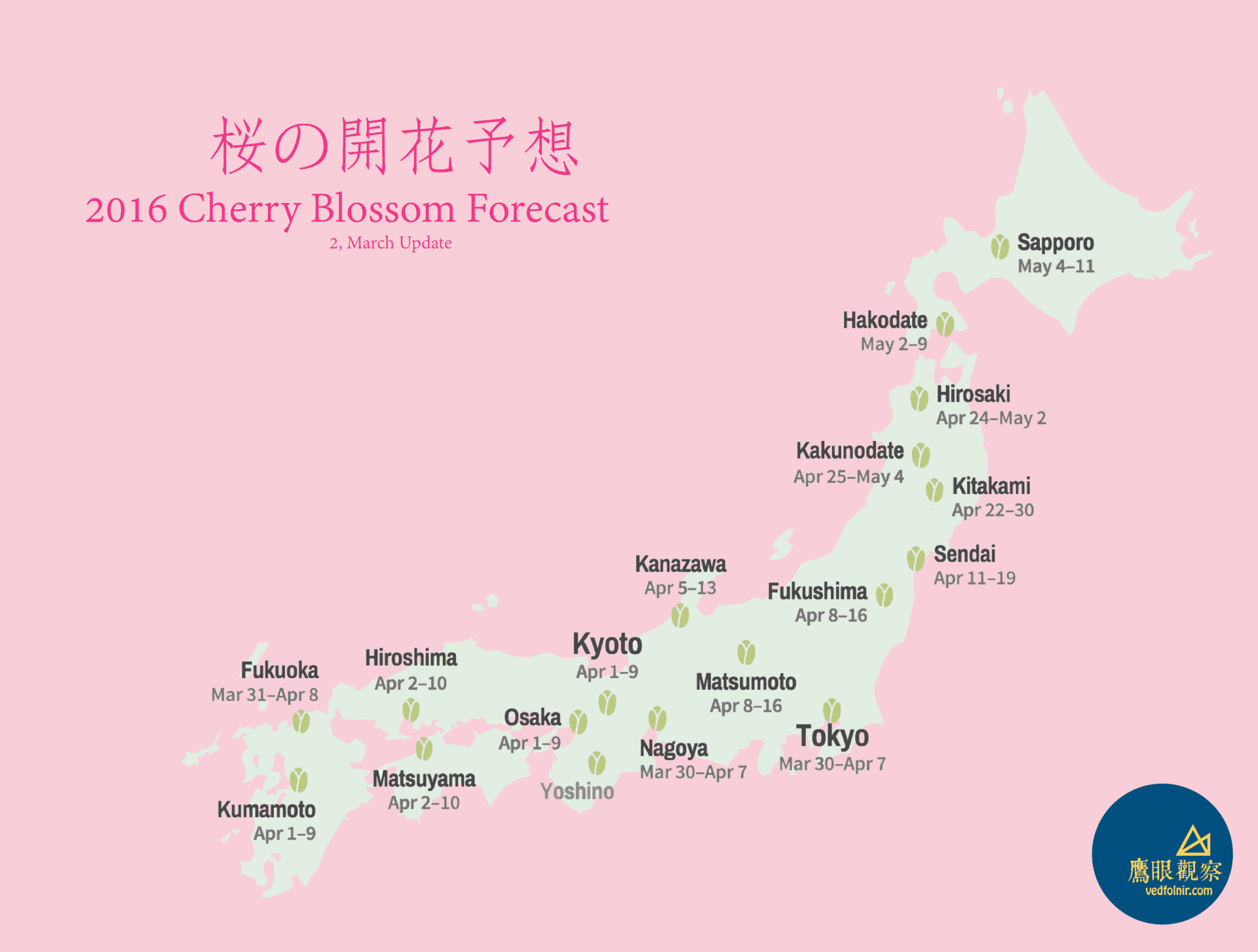 2016-日本-櫻花-開花時間-桜の開花予想-The Bloom of Cherry Blossoms