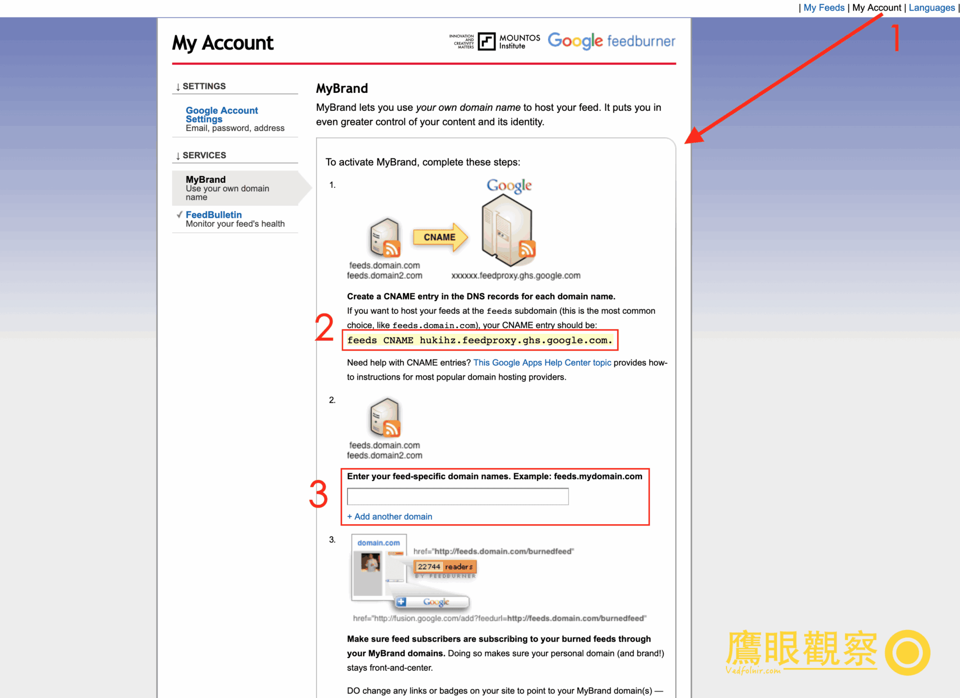 Google FeedBurner MyBrand customize Domain URL