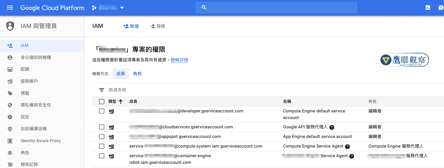  已移除 StackDriver 代理成員的 IAM與管理員列表。