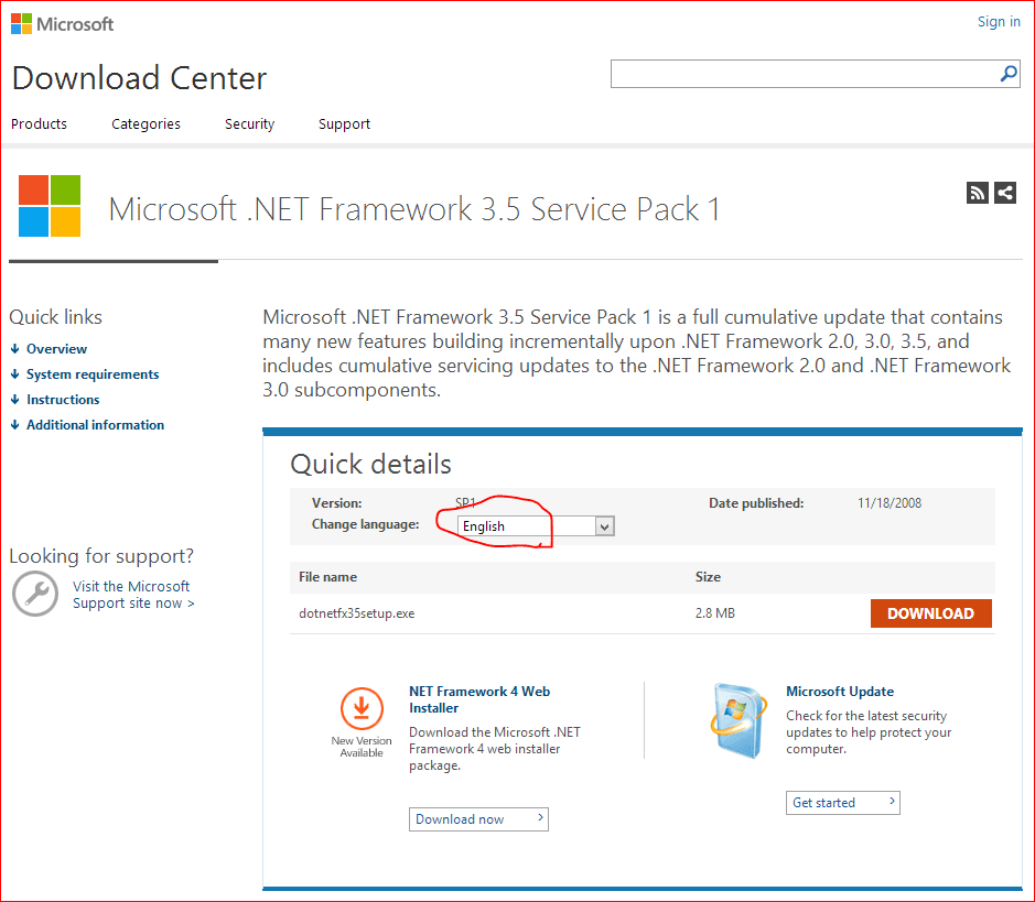 圖一，Microsoft .NET Framework 3.5 Service Pack 1 官網。