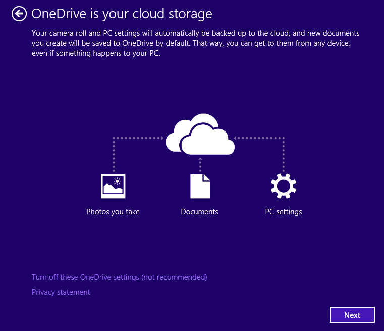 詢問是否要利用 OneDrive 進行雲端儲存服務。