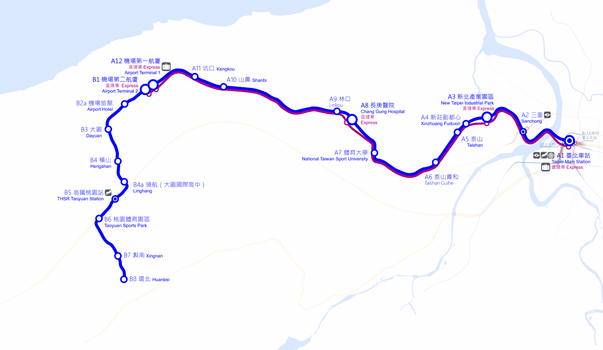 桃園國際機場捷運交通路線地圖(圖片來源/維基百科網頁截圖)