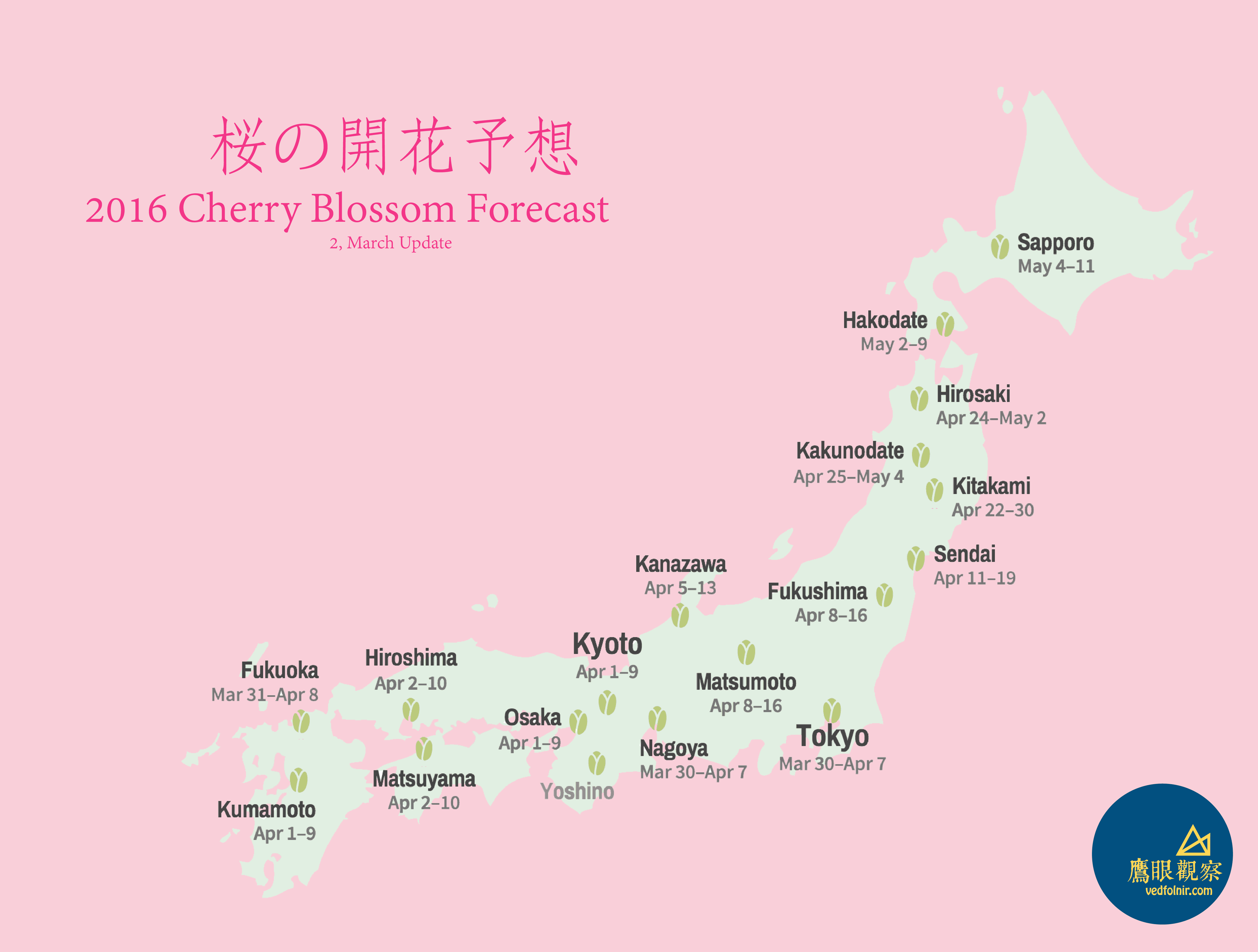 2016-日本-櫻花-開花時間-桜の開花予想-The Bloom of Cherry Blossoms