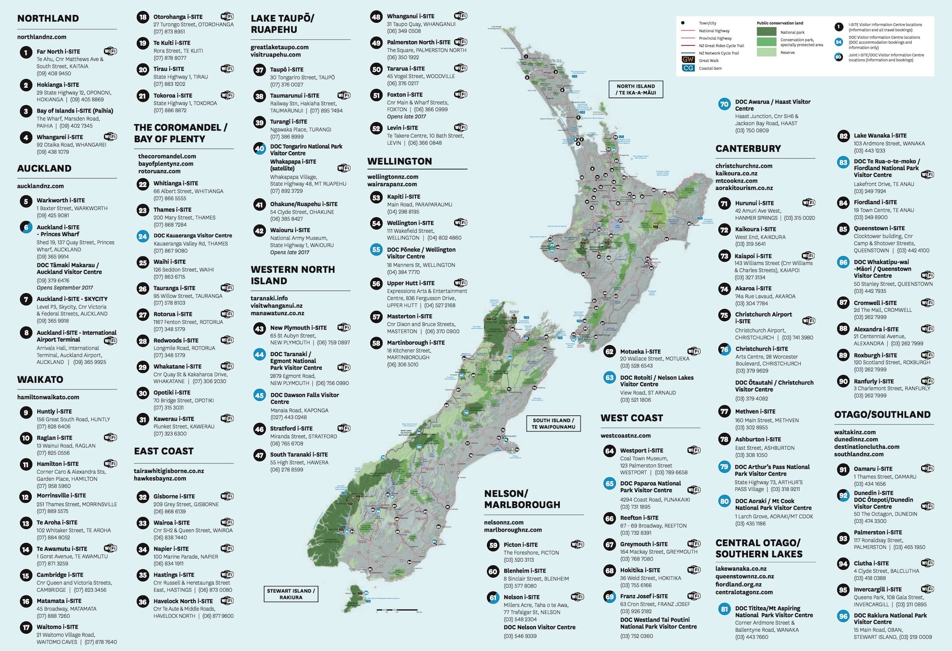紐西蘭旅客服務中心（i Site）分佈地圖。