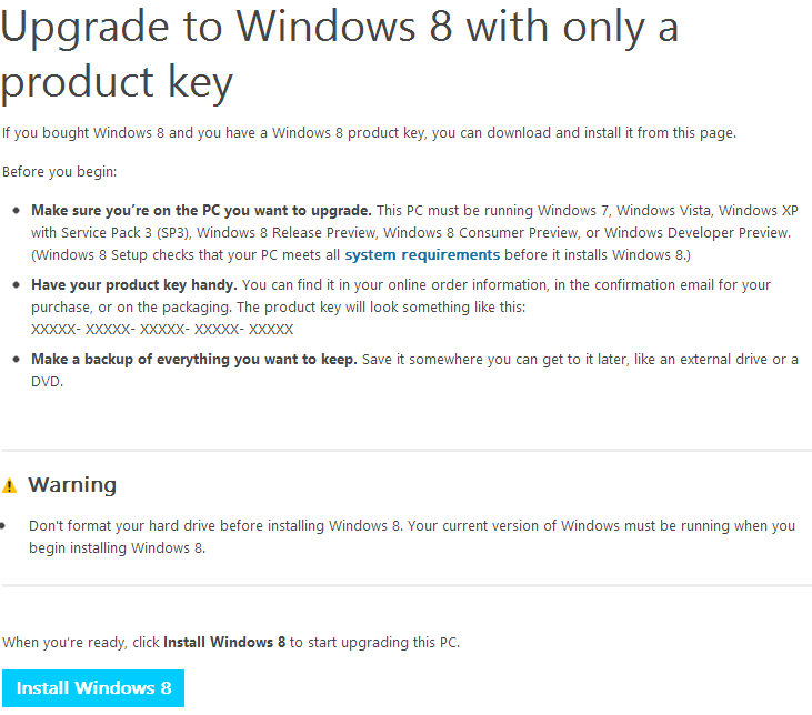 Upgrade to Windows 8 with only a product key