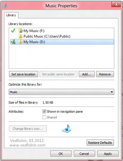 Windows 8 我的音樂資料夾內容設定畫面